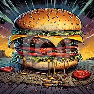 Double cheeseburger in 90'S comics Style