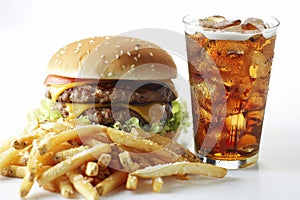 Double cheeseburger with golden fries and a cold soda on white background