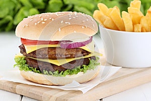 Double cheeseburger hamburger with fries