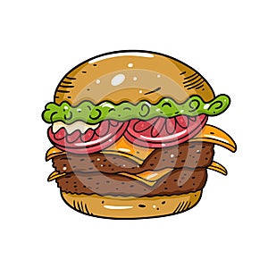 Double Cheeseburger. Hand drawn vector illustration in cartoon style. Isolated on white background.