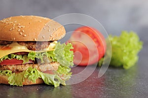 Double cheeseburger and vegetables on a gray background. Fast food