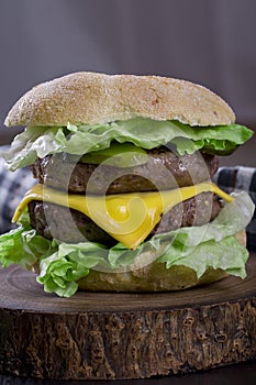 Double cheeseburger on a wooden board