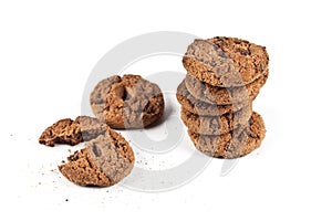 Double chocolate chip cookies stack isolated on white