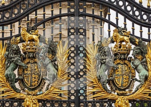 Double Coat of arms at gate of Buckingham Palace, London, UK
