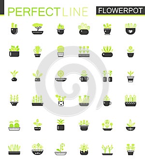 Double color Black green classic House plants and flowers in Flowerpots icons set.