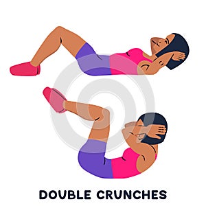 Double crunches. Double crunch. Sport exersice. Silhouettes of woman doing exercise. Workout, training