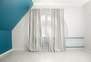 Double curtain rods for see through day curtain and room darkening night curtains.