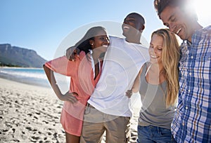 Double date, sea or happy couples on holiday vacation together in summer at beach. Smile, diversity or men laughing with
