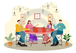 Double Date Vector Illustration with Two Couples who were Eating and Drinking Together in a Restaurant in Flat Cartoon Background