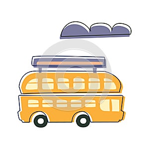 Double Decked Public Transport Yellow Bus, Cute Fairy Tale City Landscape Element Outlined Cartoon Illustration photo