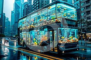 Double decker bus with fish tank on the top of the bus. AI
