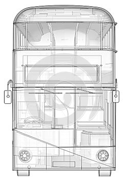 A double-decker bus, a translucent casing under which many interior elements and internal bus parts are visible. Front view. 3d re