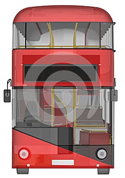 A double-decker bus, a translucent casing under which many interior elements and internal bus parts are visible. Front view. 3d re