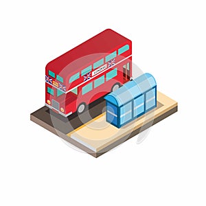 Double decker red bus with halte, iconic bus from london england in isometric illustration vector