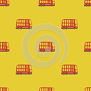 Double decker red bus seamless pattern. Vector childish illustration in scandinavian simple hand-drawn style. The limited palette