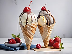 Double Delight: Tempting Ice Cream Tops in a Crisp Waffle Cone. Irresistible Food Photography