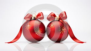 Double Delight Two Red Christmas Decoration Baubles with Ribbon Bow Isolated on White Background. created with Generative AI