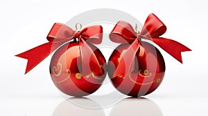 Double Delight Two Red Christmas Decoration Baubles with Ribbon Bow Isolated on White Background. created with Generative AI