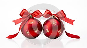 Double Delight Two Red Christmas Decoration Baubles with Ribbon Bow Isolated on White Background. created with Generative AI