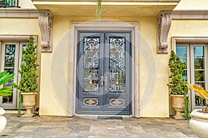 Double door with decorative wrought iron and glass panes at the house entrance