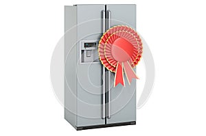 Double door fridge, refrigerator with side-by-side door system with best choice badge, 3D rendering