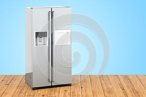 Double door fridge, refrigerator with side-by-side door system on the wooden planks, 3D rendering