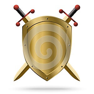 Double-edged golden swords and medieval shield photo