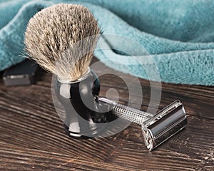 Double edged razor in bathroom setting prepared for a wet shave