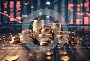 Double explosure with businesss charts of graph and rows of coins for finance at night city background stock photoFinance Currency
