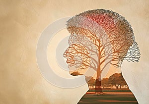 double exposure of abstract human face and big old tree