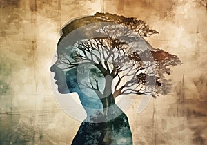 double exposure of abstract human face and big old tree