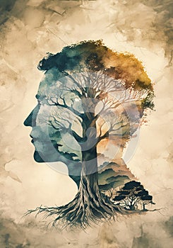 double exposure of abstract human face and big old tree