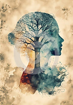 double exposure of abstract human face and big old tree