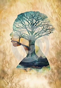 double exposure of abstract human face and big old tree