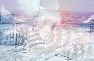 Double exposure of abstract technology and transportation business concept with aerial view background