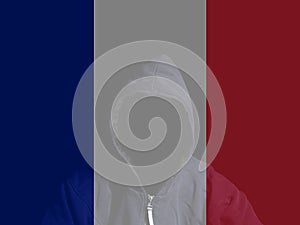 Double exposure of Anonymous hooded hacker with flag of France