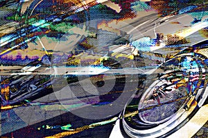 Double exposure background with abstract painting and retro car