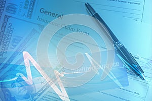 Double exposure background of health insurance card on insurance claim form with pen overlay pulse chart of heart