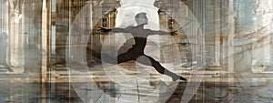 Double exposure of a ballet dancer and a vintage architectural structure.