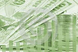 Double exposure banknotes, Stock market and graph on rows of coins for finance and banking , investments, trading, chart