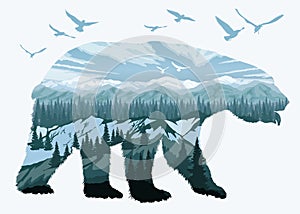 Double exposure, bear and animal wildlife