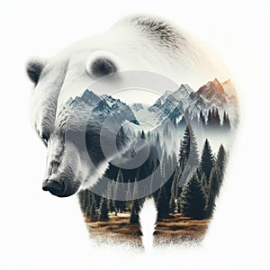 Double exposure bear with a forest and mountains isolated on a white background. ai generative