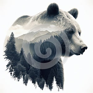 Double exposure bear with a forest and mountains isolated on a white background. ai generative