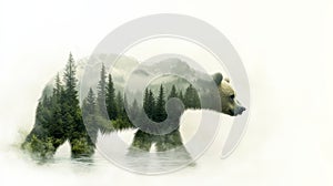 Double Exposure Bear with Forest Scene