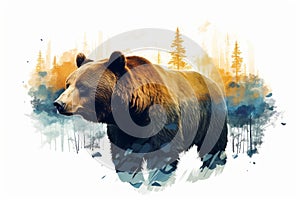 Double exposure bear and wild forest. Beautiful illustration picture. Generative AI