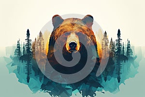 Double exposure bear and wild forest. Beautiful illustration picture. Generative AI