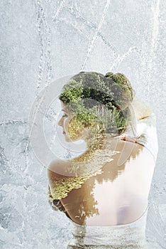 Double exposure of Beautiful girl portrait and landscape