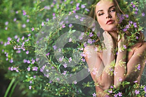 Double Exposure. Beautiful woman and flowers.