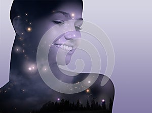 Double exposure of beautiful woman and landscape with starry sky on light background. Astrology concept