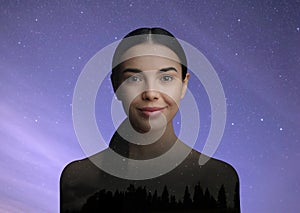 Double exposure of beautiful woman and landscape under starry sky. Astrology concept